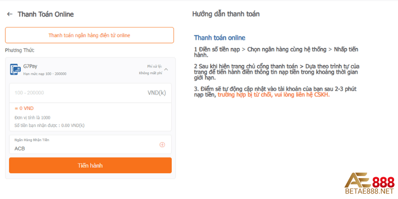 Hướng dẫn nạp tiền tài khoản Ae888